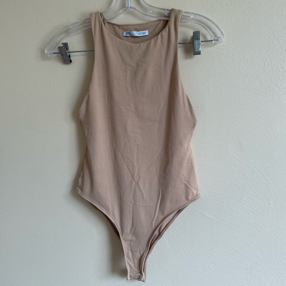 Zara Tan Bodysuit One Piece High Neck Sleeveless